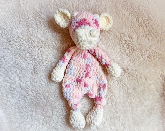Coperta di peluche a forma di mucca rosa / Coperta all'uncinetto fatta a mano, filato, peluche a forma di mucca annodata per bambini