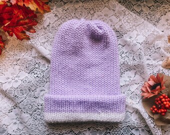 The Reversible Lavender Knit Beanie | Colorblock Double Sided Knitted Pastel Hipster Ribbed Two Tone Hat