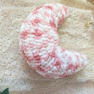Crochet Chenille Crescent Moon Pillow | Stuffed Plush Yarn Celestial Plush Crochet Home Decor Nursery Pillow