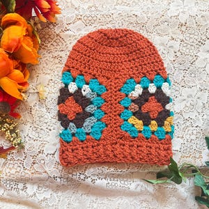 Crochet Granny Square Beanie | Handmade Unisex Vintage Inspired Retro Hat | Ready to Ship