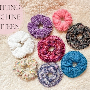 May include: Knitting machine pattern for making hair scrunchies. The image shows nine different scrunchies in various colours and patterns, including purple, pink, white, blue, and multi-coloured.