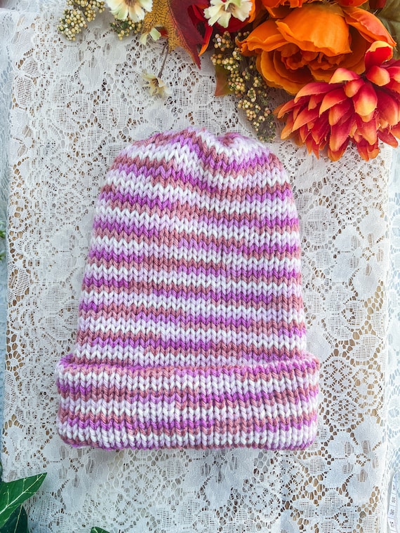 The Pink Striped Knit Beanie | Double Knitted Unisex Ribbed  display picture 1