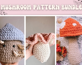May include: A set of three crochet mushroom patterns. The mushrooms are in various colors, including blue, brown, white, pink, and orange. The patterns are for crocheting stuffed toys.