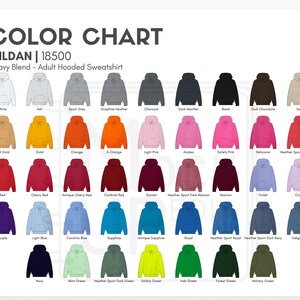 Op de afbeelding: Kleurenkaart voor de Gildan 18500 Heavy Blend Adult Hooded Sweatshirt. De kaart toont 36 verschillende kleuropties voor de trui, waaronder wit, as, sportgrijs, grafiet melange, antraciet, donker melange, zwart, donkerbruin, zand, oud goud, goud, oranje, s-oranje, lichtroze, azalea, veiligheidsroze, heliconia, heather sport scharlakenrood, rood, kersenrood, antiek kersenrood, kardinaalrood, granaat, heather sport donkerbruin, bruin, violet, orchidee, paars, lichtblauw, hemelsblauw, saffier, antiek saffier, koninklijkblauw, heather sport royal, heather sport donkerblauw, indigo blauw, marineblauw, muntgroen, heather sport donkergroen, veiligheidsgroen, Iers groen, bosgroen en legergroen.