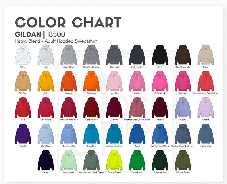 Op de afbeelding: Kleurenkaart voor de Gildan 18500 Heavy Blend Adult Hooded Sweatshirt. De kaart toont 36 verschillende kleuropties voor de trui, waaronder wit, as, sportgrijs, grafiet melange, antraciet, donker melange, zwart, donkerbruin, zand, oud goud, goud, oranje, s-oranje, lichtroze, azalea, veiligheidsroze, heliconia, heather sport scharlakenrood, rood, kersenrood, antiek kersenrood, kardinaalrood, granaat, heather sport donkerbruin, bruin, violet, orchidee, paars, lichtblauw, hemelsblauw, saffier, antiek saffier, koninklijkblauw, heather sport royal, heather sport donkerblauw, indigo blauw, marineblauw, muntgroen, heather sport donkergroen, veiligheidsgroen, Iers groen, bosgroen en legergroen.