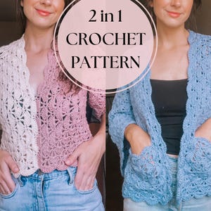 Puede incluir: Imagen dividida que muestra dos chaquetas de ganchillo. Un lado muestra una chaqueta color crema de manga corta, el otro una chaqueta rosa claro de manga corta. El lado derecho muestra una chaqueta azul claro con bolsillos. El texto "2 in 1 CROCHET PATTERN" está en un círculo.