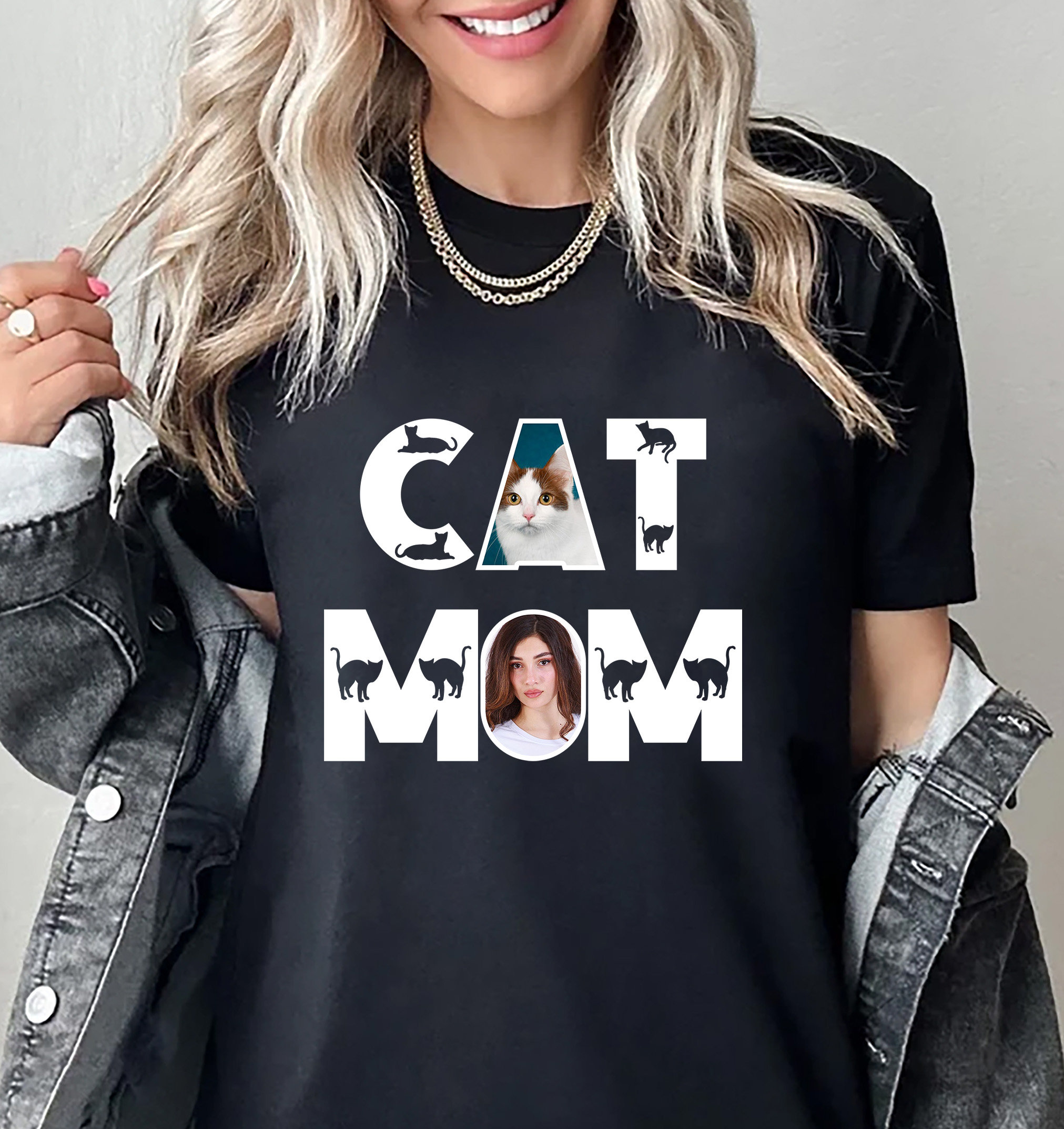 Custom Photo Upload Cat Mom Shirt - Ladies Relaxed Fit Basic T-Shirt | Personalized White Tops From Customized Girl