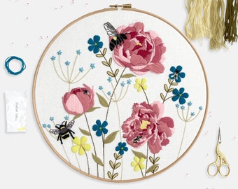 Peony and Bee Large Embroidery Kit