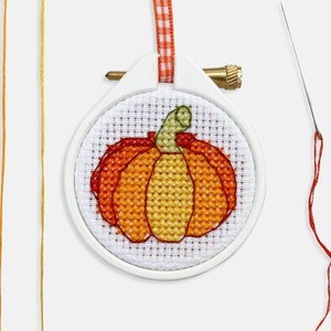 May include: A white embroidery hoop with a cross-stitch design of an orange pumpkin. The hoop is hanging from a white and red gingham ribbon. Three skeins of embroidery floss are included: green, orange, and yellow.