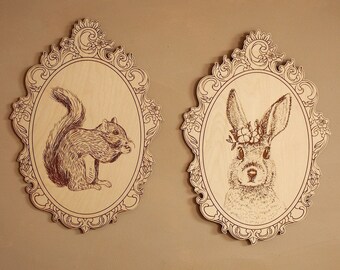 Engraved Pictures with Retro Frame - Forest Animals Set