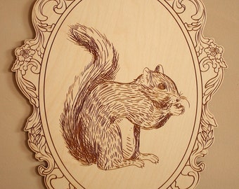 SQUIRREL - Engraved Picture with Retro Frame - Forest Animal, KINDERZIEMMER, nursery wooden, wooden wall decoration, Wanddekoration