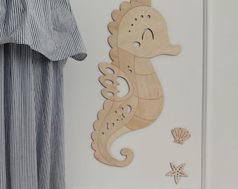 Wooden Seahorse Wall Sticker Look – Ocean Room Decor for Preschool or Nursery – Peel & Stick – Gift for Kid, Little Explorers