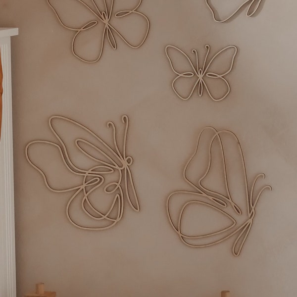 Wooden Wall Butterflies in One Line Style, holz kinderzimmer