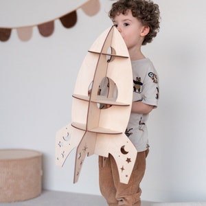 Wooden Rocket Shelf – Space Room Decor for Kids – Personalized Wall Shelf – DIY Assembly Gift for Preschoolers, Gift for boy