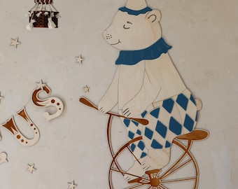 Circus Bear Wall Decor – Wooden Nursery Art with Custom Colors, Retro Style Animal Decoration for Kids Room