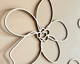 Wooden Wall Flowers - Set of 6 One Line Style Blossoms | Natural Plywood, Children's Room Decoration