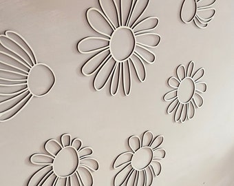 Wooden Wall Flowers Daisy - Set of 6 One Line Style Blossoms | Natural Plywood, Children's Room Decoration