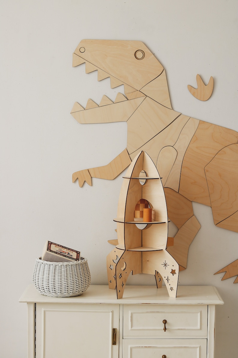 Dinosaur t-rex wall decoration origami, tyranosaurus rex, wooden wall decor, Kinderzimmer Dekoration, Wanddekoration, kids room decor image 2