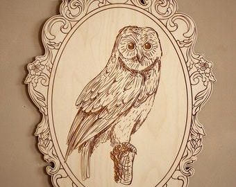 OWL - Engraved Picture with Retro Frame - Forest Animal