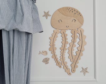 Wooden Jellyfish Wall Sticker Look – Ocean Room Decor for Preschool or Nursery – Peel & Stick – Gift for Kids, Little Explorers
