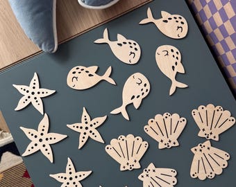 Wooden Ocean Wall Decor, Sea Animal Wall Decals for Nursery, Plywood Fish Starfish and Shells, Kids Room Wall Art, Under the Sea Theme, Gend