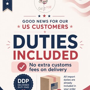 May include: A graphic announcement with a red, white, and blue color scheme featuring the text GOOD NEWS FOR OUR US CUSTOMERS, DUTIES INCLUDED, No extra customs fees on delivery, DDP DELIVERED DUTY PAID, and a cardboard box with a US flag icon.
