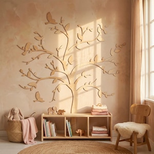 Wall Art - Wooden Tree with Birds - Nursery Decor Idea, Natural Wall Decoration, Laser Cut Art, Vintage Kids Room, Plywood Puzzle