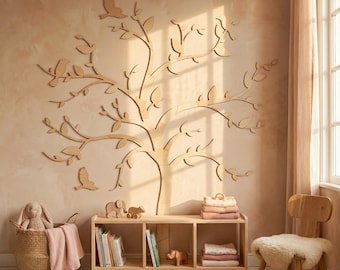 Wall Art - Wooden Tree with Birds - Nursery Decor Idea, Natural Wall Decoration, Laser Cut Art, Vintage Kids Room, Plywood Puzzle