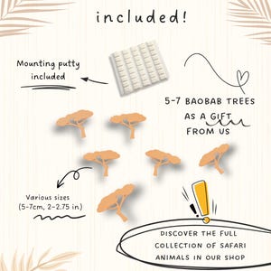 Op de afbeelding: Afbeelding met tekst "Freebie included!" toont baobab boom uitsparingen in verschillende maten (5-7cm). De afbeelding bevat ook montagelijm en de tekst "Ontdek de volledige collectie safari dieren in onze shop."