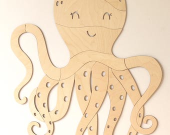 Wooden Octopus Wall Sticker Look – Ocean Room Decor for Preschool or Nursery – Peel & Stick – Gift for Kids, Little Explorers
