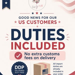 May include: A graphic announcement with a red, white, and blue colour scheme featuring the text GOOD NEWS FOR OUR US CUSTOMERS, DUTIES INCLUDED, No extra customs fees on delivery, DDP DELIVERED DUTY PAID, and a cardboard box with a US flag icon.