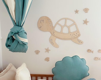Wandtattoo in Schildkrötenoptik aus Holz – Ozean-Zimmerdeko für Kindergarten oder Vorschule – Selbstklebend – Geschenk für Kinder und kleine Entdecker