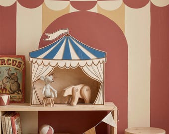 Zirkuszelt für Kinder, Wand- und Regaldekoration aus Holz, Geschenk fürs Spielzimmer, Retro-Zirkus, Zirkuszelt, Dopamin-Deko, Puppentheater, Zirkusthema