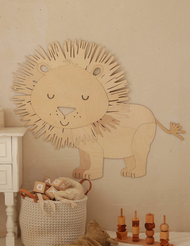 LION wooden wall decoration in the Safari style SIZE M, wooden wall decorn, Kinderzimmer Dekoration, Wanddekoration, Nursery decor image 1