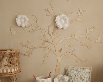 Nature-inspired Wall Art - Wooden Tree with Birds - Nursery Decor Idea, baum holz kinderzimmer