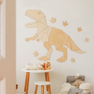 Dinosauro T-Rex Origami - Decorazione da parete in legno artigianale, per la decorazione della cameretta dei bambini, Kinderzimmer Dekoration, Tyranosaurus Rex
