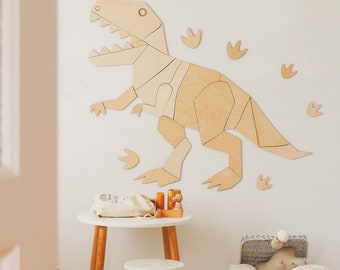 Dinosaur T-Rex Origami - Handcrafted Wooden Wall Decoration Hanging, for kids room decor, Kinderzimmer Dekoration, Tyranosaurus Rex