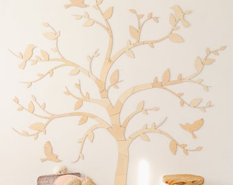 Wall Art - Wooden Tree with Birds - Nursery Decor Idea, Natural Wall Decoration, Laser Cut Art, Vintage Kids Room, Plywood Puzzle