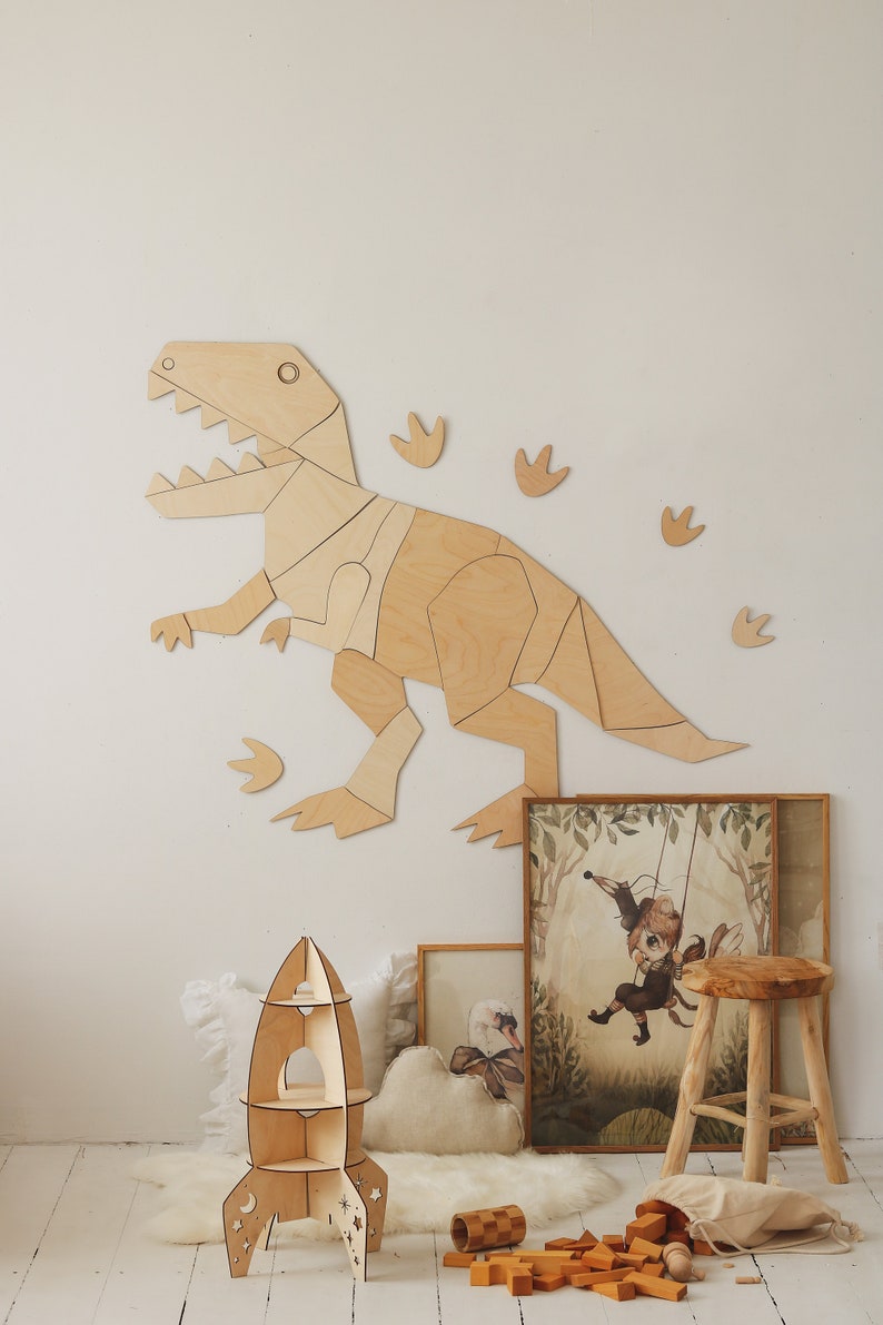 Dinosaur t-rex wall decoration origami, tyranosaurus rex, wooden wall decor, Kinderzimmer Dekoration, Wanddekoration, kids room decor image 1