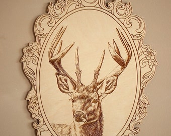 DEER - Engraved Picture with Retro Frame - Forest Animal