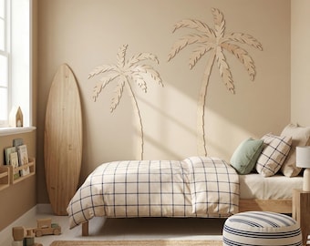 Set of Two Wooden Palm Trees – Two Size Sets for Kids’ Rooms, Surf Decor, Birthday Gift, Little Surfer Room, Holiday Mood