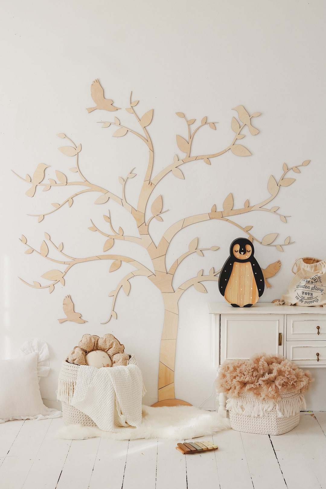 Wall Art - Wooden Tree With Birds - Nursery Decor Idea, Natural Wall ...