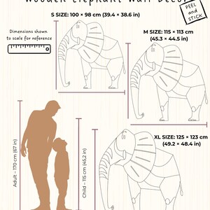 Op de afbeelding: Maattabel voor houten olifantenwanddecoratie, om op te plakken. Inclusief maten S, M en XL, met afmetingen in cm en inches. De afbeelding toont de grootte van de olifant in vergelijking met een volwassene en een kind. De website is cutitnow.pl.