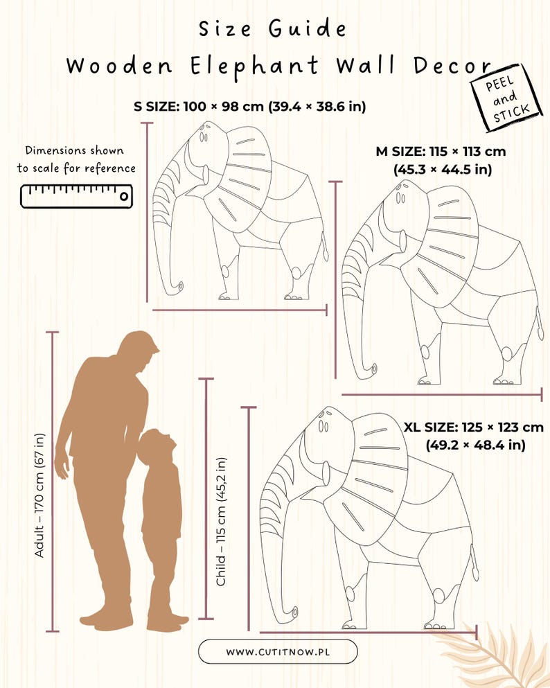 Op de afbeelding: Maattabel voor houten olifantenwanddecoratie, om op te plakken. Inclusief maten S, M en XL, met afmetingen in cm en inches. De afbeelding toont de grootte van de olifant in vergelijking met een volwassene en een kind. De website is cutitnow.pl.