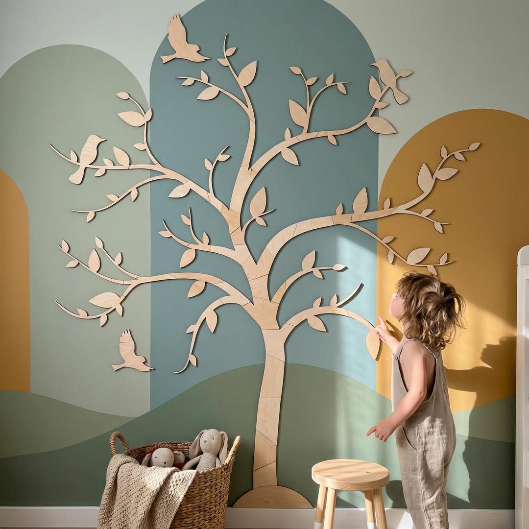 Wall Art - Wooden Tree With Birds - Nursery Decor Idea, Natural Wall ...
