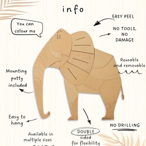 Op de afbeelding: Een houten olifantvormige wanddecoratie met de tekst "Installation info". De olifant is lichtbruin en heeft uitgesneden details. Tekst op de afbeelding geeft aan dat het gemakkelijk op te hangen, dubbelzijdig en herbruikbaar is. Er staat ook "Je kunt me kleuren".