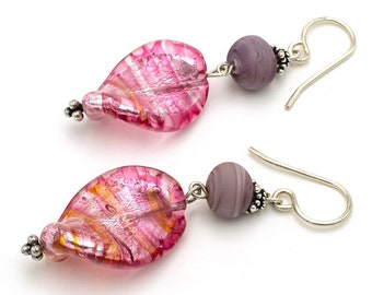 Pink Murano Glass Earrings • Venetian curved pink-gold and lilac glass, сomfortable silver closures. Bright and memorable earrings