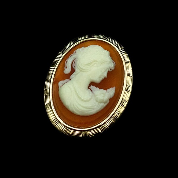 Vintage Cameo Brooch • Large oval Italian cameo on mother-of-pearl in simple setting. Good condition, beautiful cameo