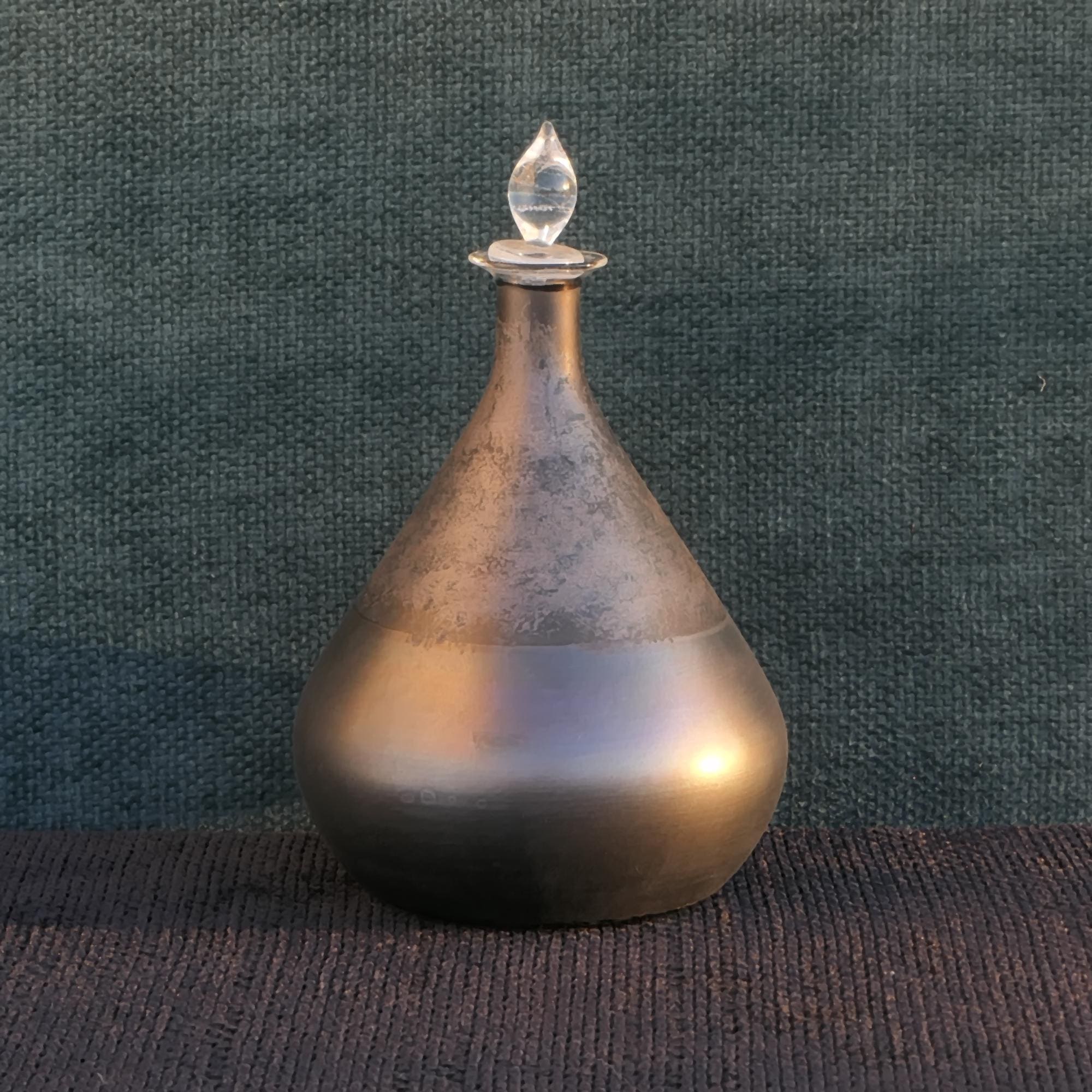 Murano Glass Perfume Bottle. Hand-decorated dark matte glass scent flask. Italian vintage