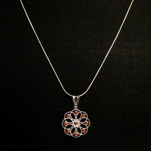 Red Coral Silver Pendent • Delicate jewelry made of red Italian coral and sterling silver. Round pendant of fine filigree silver & red coral